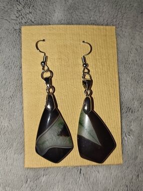Natural Stone Black and Green Teardrop Dangle Earrings - Handmade Jewelry